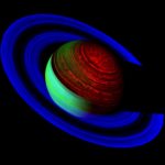 A false-color image of Saturn taken by the Cassini Spacecraft showing the “glow” of Saturn at infrared wavelengths. Credit: NASA/JPL/University of Arizona.  Image available at this link: http://saturn.jpl.nasa.gov/photos/imagedetails/index.cfm?imageId=2625 